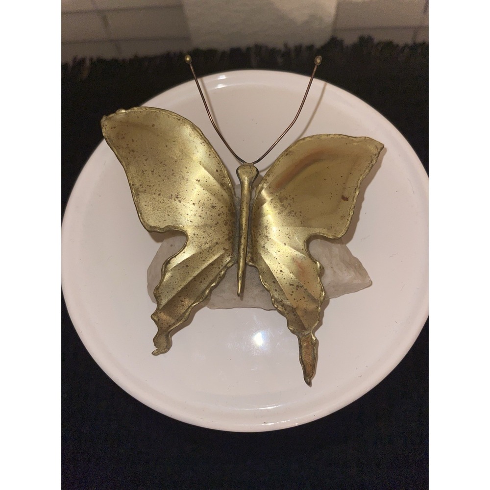 MCM Metal Brass Butterfly Art Sculpture on A Faux‎ Stone Decor Vintage